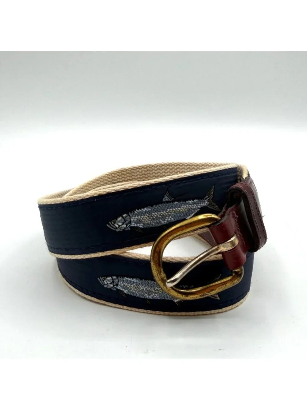 Vintage Barrons-Hunter Canvas & Leather Navy Blue Fish Print Belt Preppy Size 44